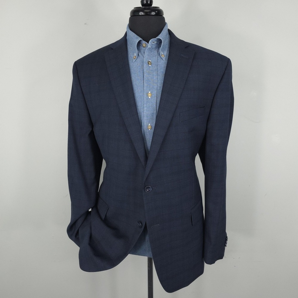 Michael Kors Blazer Mens 46L Blue Check Wool Blend Stretch Sport Coat Jacket